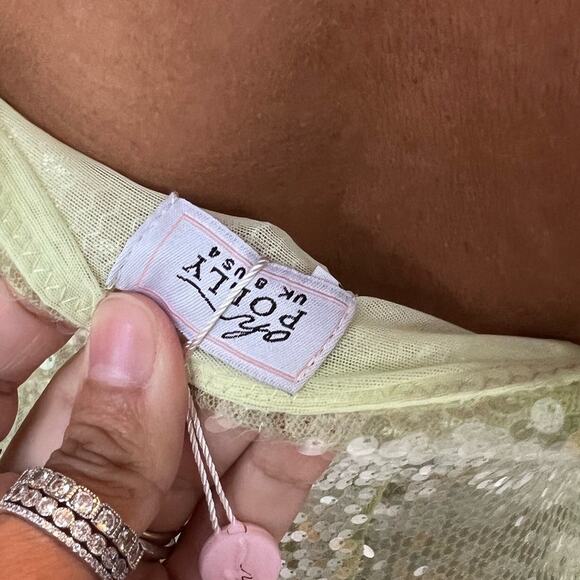 Oh Polly Orion Sheer Sequin Asymmetric Cut Out Mini in Pistachio Green US 4 - Picture 7 of 7